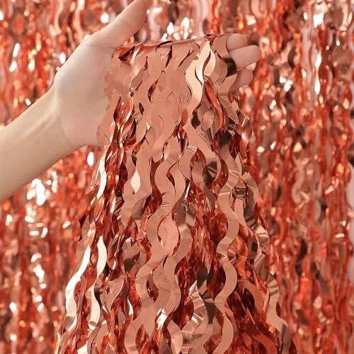 Cortina ondulada con flecos de oro rosa - 3,3 pies x 6,6 pies, paquete de 3 | oro claro rosa Foto 1 de 4