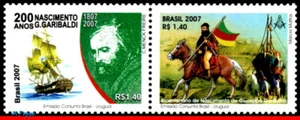 3021-22 BRAZIL 2007 GIUSEPPE GARIBALDI, MASONIC W/ URUGUAY, SHIPS, SE-TENANT MNH - Picture 1 of 2