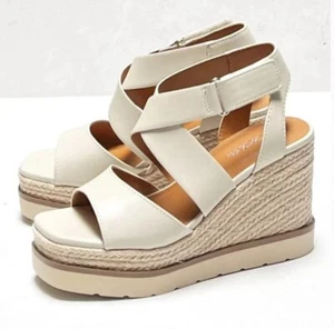 New Womens Bone Beige Cross Straps Platform Wedge Espadrilles Sandals - Picture 1 of 5