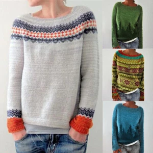 Sweater Women Round Neck Color Matching Loose Fashion Casual Pullover Sweater - Picture 1 of 20