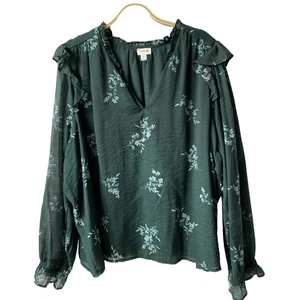 J Crew Factory geblümte Bluse mit Rüschenkragen Damen 3X grün Boho Cottagecore - Bild 1 von 8