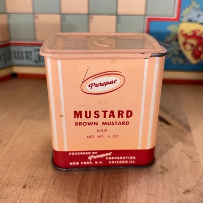 Tampa deslizante de estanho vintage Purepac marrom mostarda Nova York metal, 3"h lacrada - Imagem 1 de 4