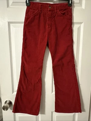 Vintage Hillbilly Rare 70s Corduroy Bell Bottom Trousers Pants Red 26x25 - Image 1 of 4