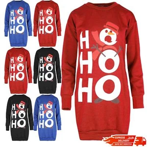 Womens Christmas Dress Ladies Ho Ho Ho Snowman Fleece Knit Sweatshirt Jumper Top - Picture 1 of 4