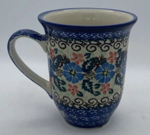 UNIKAT 2995 Large Tall Bistro Coffee Mug Made In Poland Floral Blue - Picture 1 of 6