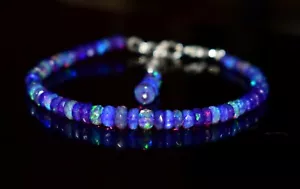 Bracciale Pietra Preziosa Opale Naturale Etiope Wello Fuoco Viola Perline Sfaccettate 7"F1453 - Foto 1 di 5