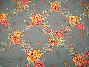Floral Fabric By Yard SALE Pink Tan Grn Floral Sm Butterfly Blue Cotton Vtg #PC - Picture 1 of 2