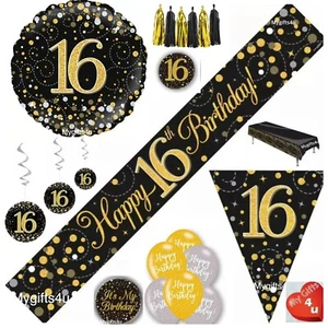 Decorazioni per feste 16° e buon compleanno nero palloncini striscioni età oro - Foto 1 di 22