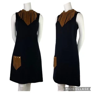 Vintage 60s Dress Womens Medium Western Shift Fine Wool & Suede Tassel Pockets - Picture 1 of 12