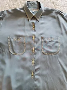 Vintage FRENCH Rayon Dress SHIRT Embroidered Detail Chemises Verte Vallee Lt Blu - Picture 1 of 9