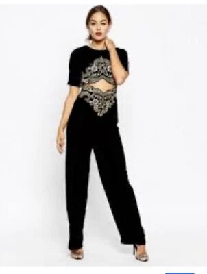 Mono Negro Terciopelo Dorado Lentejuelas Cóctel Noche Abierto Espalda y Delantera S/M Foto 1 de 4