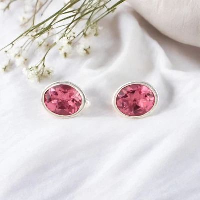 Natural Pink Tourmaline Gemstone 925 Sterling Silver Handmade Cufflink Set Gift - Image 1 of 4