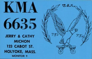 VTG HAM RADIO QSL CARD PC KMA 6635 JERRY MICHON HOLYOKE MA EAGLE ROLLERSKATE - Picture 1 of 1