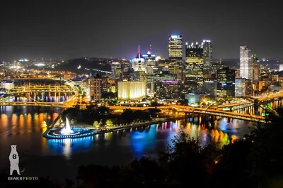 BEAR8PHOTO Pittsburgh PA City Skyline, Night Pictures, Urban Photography Home Decor Metal