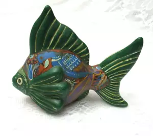 Hand Painted Signed Fish Figurine Signed TXX- Green Fins w/Blue Birds Red Clay - Picture 1 of 7