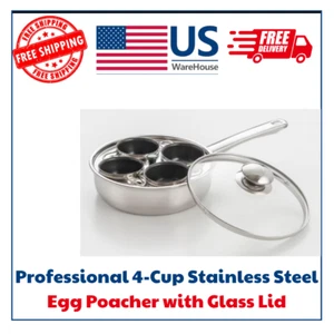 4-Cup Stainless Steel Egg Poacher Pan with Glass Lid Nonstick Egg Cups Kitchen - Picture 1 of 6
