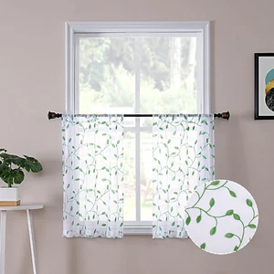 Tollpiz Leaves Short Sheer Tier Curtains Green Leaf Embroidery Kitchen Half Curt - Picture 1 of 12