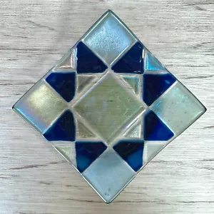 Fused Dichroic Art Glass Trinket Dish Curved Bowl Square Iridescent VTG 7" Blue - Picture 1 of 8