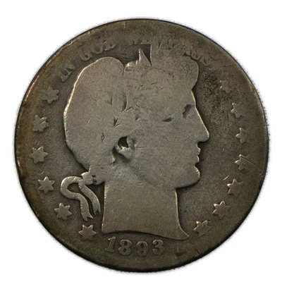 Medio dólar de plata Liberty Barber 1893-O 50c Nueva Orleans bueno GD G Foto 1 de 2