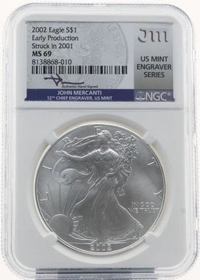 2002 $1 Silver Eagle Struck in 2001 Early Production NGC MS69 - Image 1 of 2