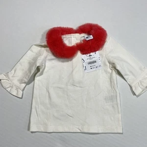 Janie Jack Girls Faux Fur Trim Shirt Ivory Coral Long Sleeve Size 3 6M - Picture 1 of 6