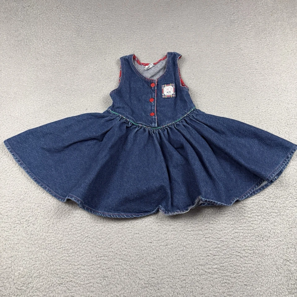 Vintage Oshkosh Bgosh Dress Girls 6 Blue Denim Plaid Sleeveless Made In USA - Image 1 of 4