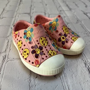 Native Toddler Shoes Child 4 Pink W/ Flowers/smile Faces GUC Sugarlite - Picture 1 of 10