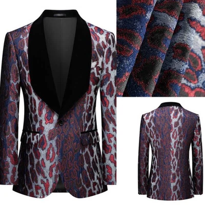 Hombres Traje Jacquard Rojo Negro Chal Solapa Chaqueta Sencillo Pecho Fiesta Moda Foto 1 de 4