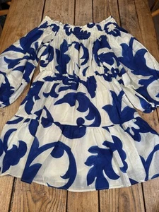 Sensational H&M Floaty Off Shoulder Boho Chic Blue & White Short DRESS, Large - Picture 1 of 5