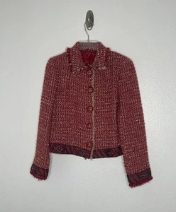 Blumarine Italy Designer Wool Blend Beaded Red Tweed Jacket EU Size 44 US 10 - Picture 1 of 13