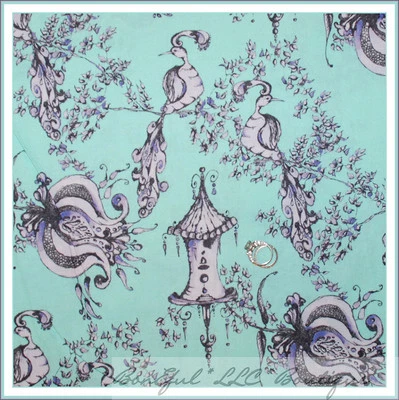 BonEful Fabric FQ Cotton Quilt Aqua Purple Peacock Flower Bird House Tree Toile - Image 1 of 4