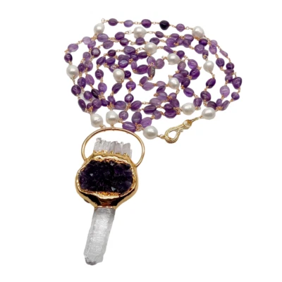 26,5» фиолетовый аметист белый жемчуг ссылка цепочка ожерелье аметист друзы подвеска - Изображение 1 из 4