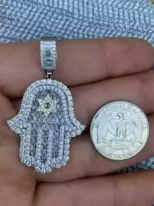 Real 925 Silver 14k Gold Plated Hip Hop Hamsa Hand Star Of David Pendant Iced CZ - Picture 1 of 11