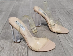 STEVE MADDEN Teena Nude Clear PVC Lucite Open Toe Ankle Strap Sandals Heels 6.5M - Picture 1 of 8