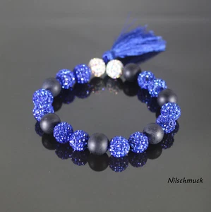 Damen Matt Onyx Perlen Gummiband mit blau Zirkon Kristall Perlen Modeschmuck - Bild 1 von 1