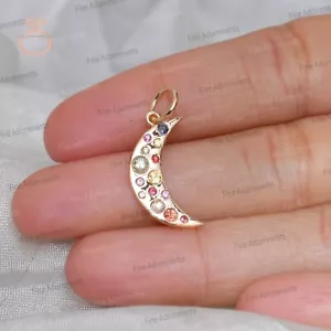 Colgante con dije de luna de oro amarillo sólido de 14k natural multi zafiro luna joyería nuevo - Imagen 1 de 8