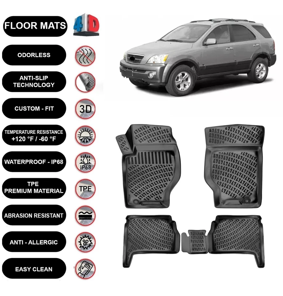 Forro de tapetes de assoalho compatível com Kia Sorento (2002-2009) impermeável moldado em 3D 4 peças - Imagem 1 de 4