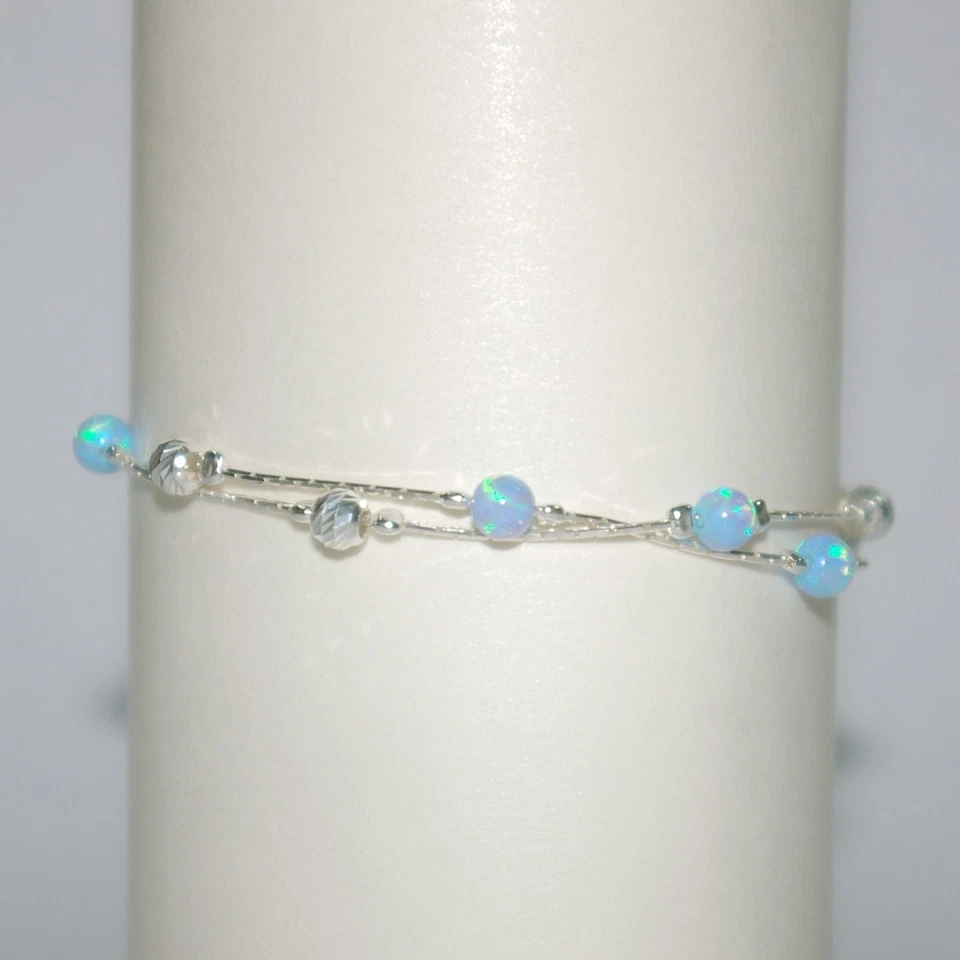 Sterling Silver 925 Chain 4mm Opal & Silver Laser Cut Beads Two Stands ANKLET - Image 1 of 1