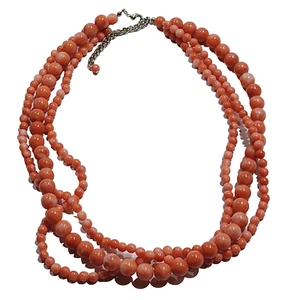 Triple Strand Faux Coral Shade Marbleized Beaded Professional Vintage Necklace - Picture 1 of 24