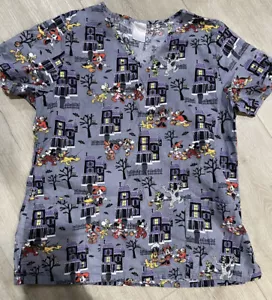 Disney Mickey Mouse Nurse Halloween Haunted House Gray V Neck Scrub Top XL - Picture 1 of 4