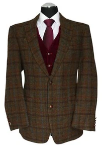 Harris Tweed Jacket Suit 26 Green Olive Check Single Row 2-Knopf Lederknöpfe New - Picture 1 of 5