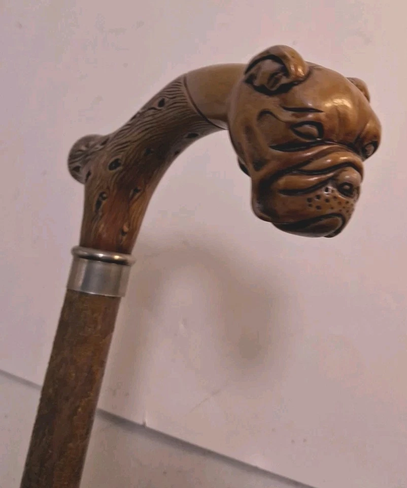 ¿Baquelita de colección? Bastón Cabeza de Bulldog Bastón Brillante Shellac Nicks Look Foto 1 de 4