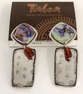 Tabra 14Kt Post Earrings Embossed Sterling Silver w/ Paua shell & Amber - Picture 1 of 3