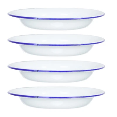 Enamelware Salad Plate Set of 4 White with Blue Rim-QK - Image 1 of 4