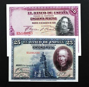 SC-Spain-2 billetes 50 Pesetas y 25 pesetas 1928. Series E. Madrid. SC/SC- - Picture 1 of 5