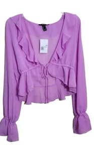 Forever 21 Light Purple Woman's Sheer Top Tie On Front Ruffles NWT Shirt Large - Picture 1 of 6