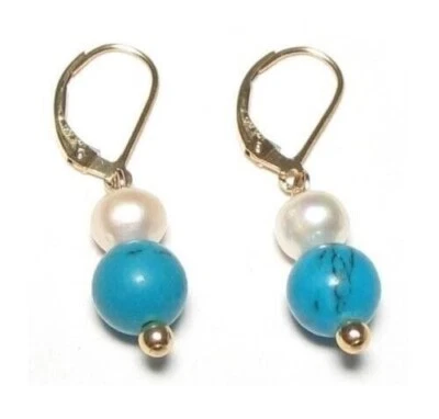 Round 7-8mm AAA+ white natural akoya pearl + 10mm turquoise earrings 14k gold - Image 1 of 4