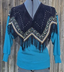 Miller Outerwear Knit Sweater Suede Fringe Vintage Western Boho - Picture 1 of 19