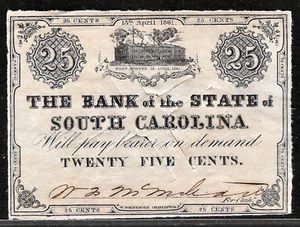 Billete obsoleto 1861 Charleston SC Carolina del Sur 25 centavos Fort Sumter - Imagen 1 de 2
