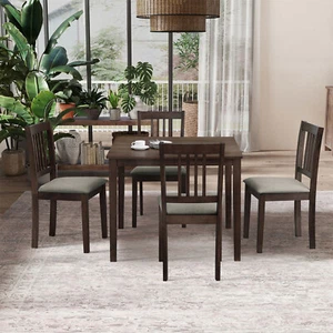 5 Piece Dining Table Set Wooden Dining Table w/ 4 Chair for Kitchen Dark Brown - Picture 1 of 11